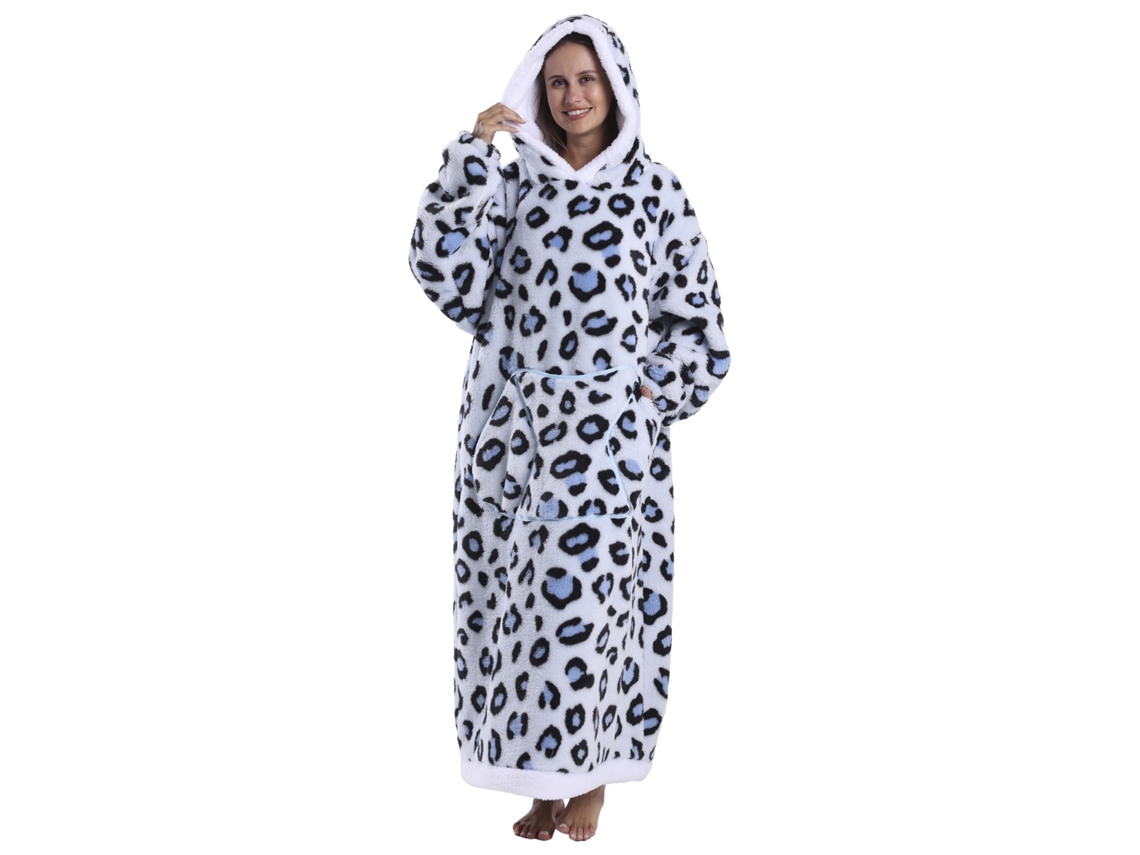 Bata Estilo Sudadera Y Manta De Felpa Extrasuave. Triple Bolsillo Frontal Tipo Canguro. Diseño Leopardo Blanco Tipo Largo.