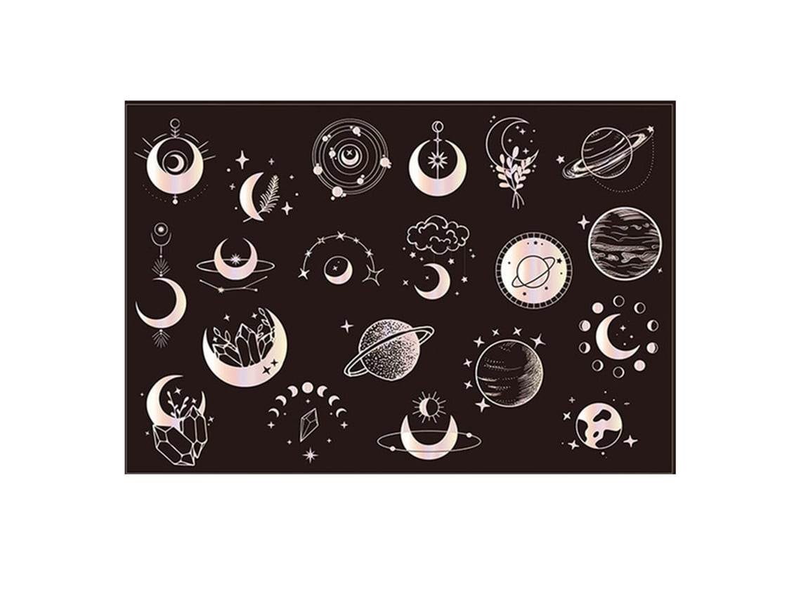 Pegatina láser de PVC autoadhesiva dorada reflectante con diseño de sol y luna.