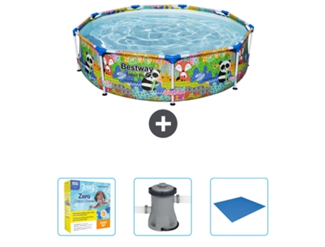Piscina BESTWAY Round Steel Pro - 274 x 66 cm - Animal print - Incluida Paquete de mantenimiento - Bomba - Suelo