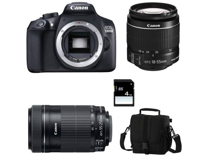 Kit Cámara Réflex CANON EOS1300D EF-S 18-55mm F3.5-5.6 IS II + EF-S 55-250mm F4-5.6 IS STM + Bolsa + 16 GB SD