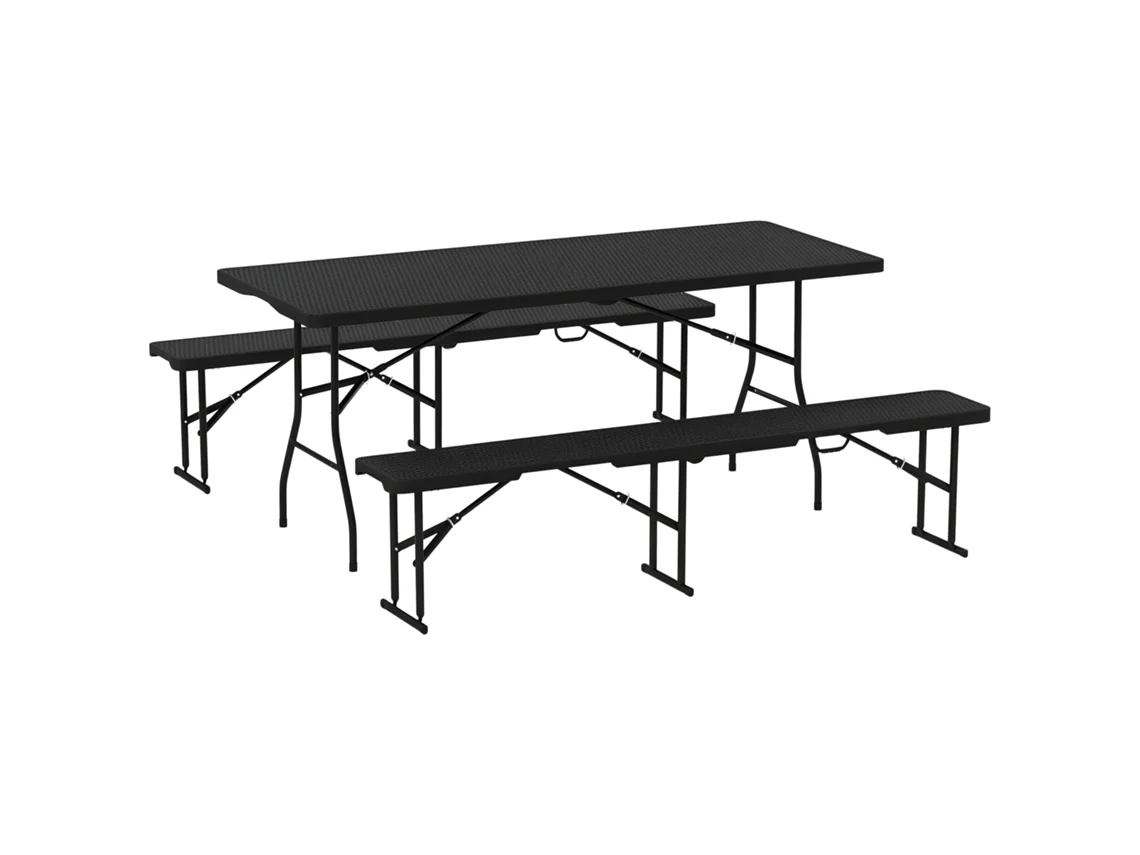 Conjunto de mesa y banco plegables, 180 cm, ratán, negro.