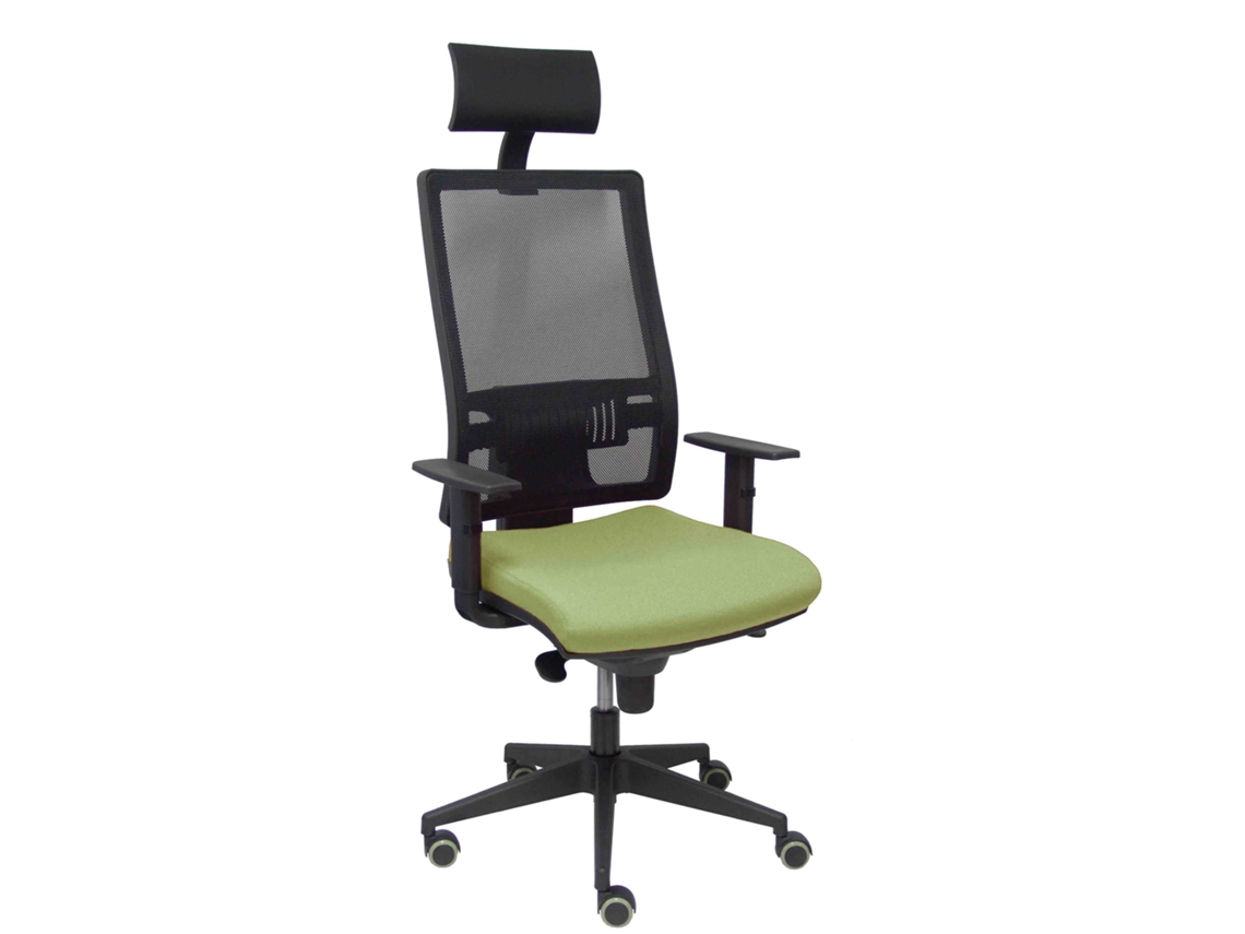 Silla de oficina Horna con mecanismo sincronizado, tapizada en tela verde oliva y malla negra.