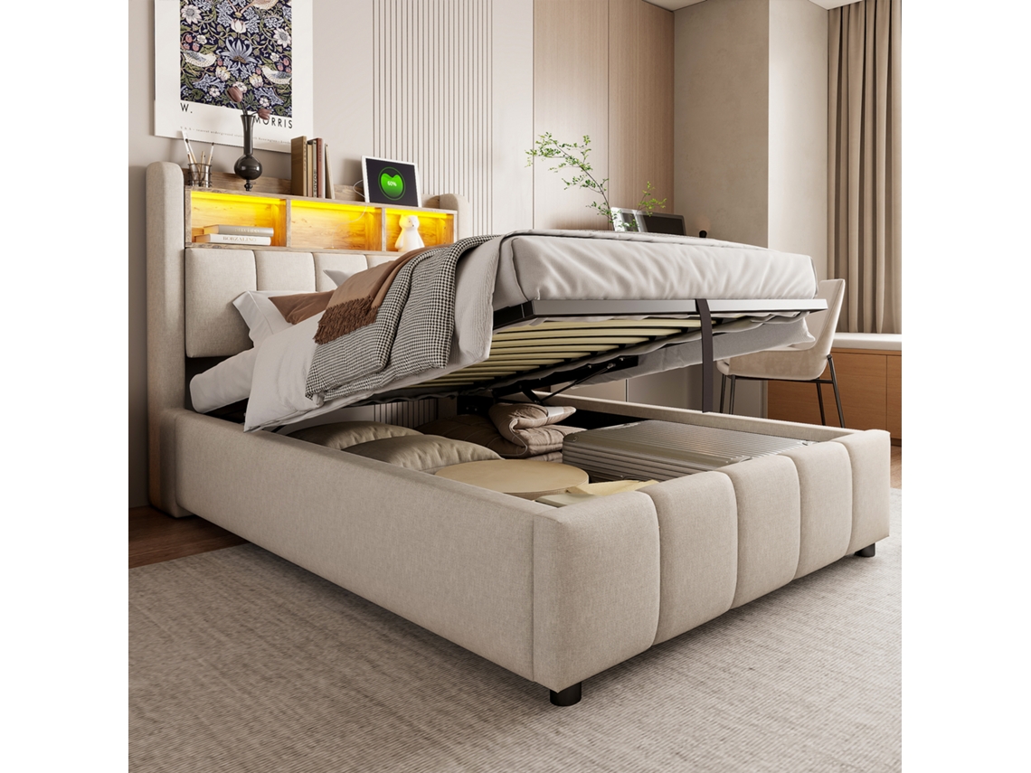 Cama Infantil Acolchado 90x200 Cm Beige, Con Led Y Usb C, Cabecero Con Almacenaje, Baúl Hidráulico De Lino