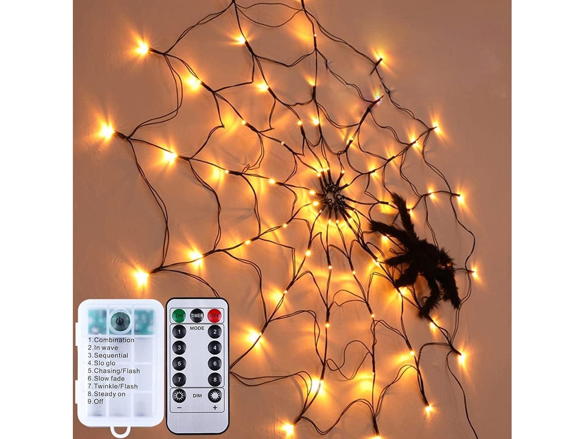 Lanterna LED Teia Aranha, Luz Ambiente Interna, Decoração de Halloween, Branca Quente, À Prova D'Água, Bateria + Controle Remoto