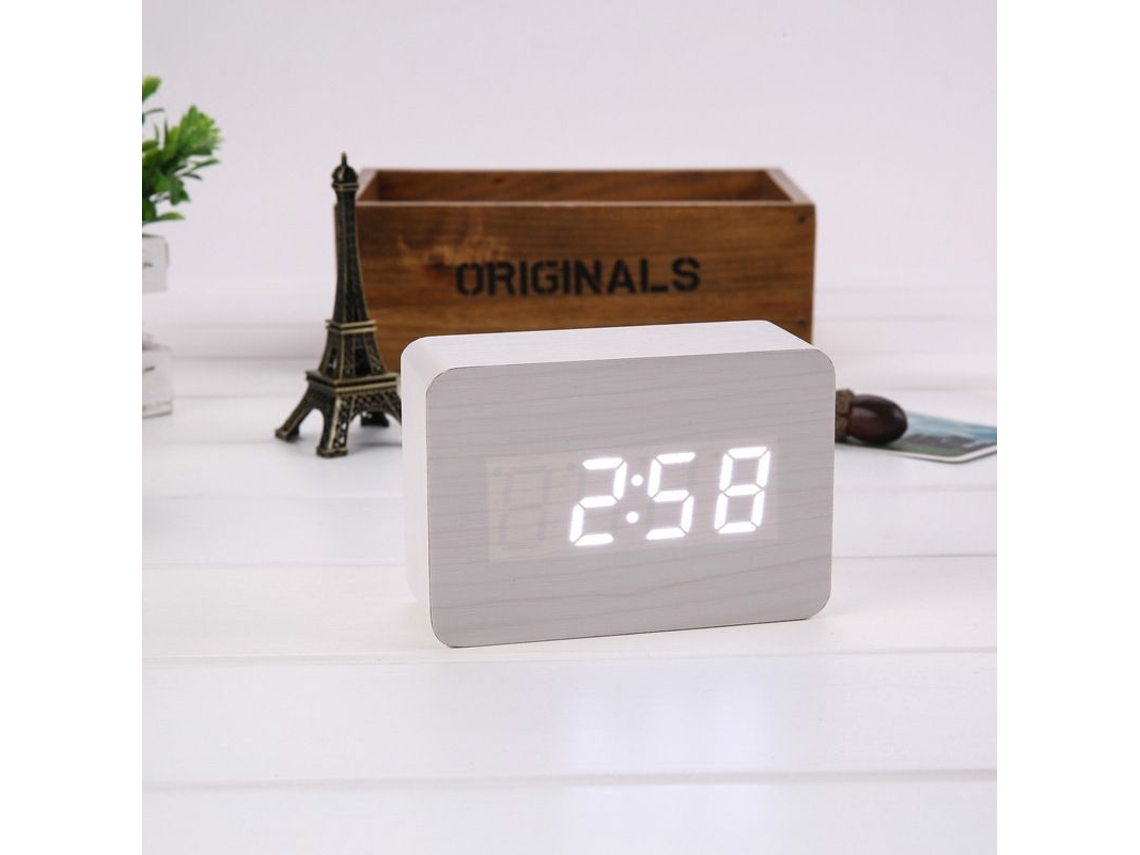 2026-reloj Despertador Digital Led Con Carga Usb, Temperatura, 3 Alarmas Y 2 Modos, 3 Ajustes De Brillo (madera Blanca Luz Blanca)