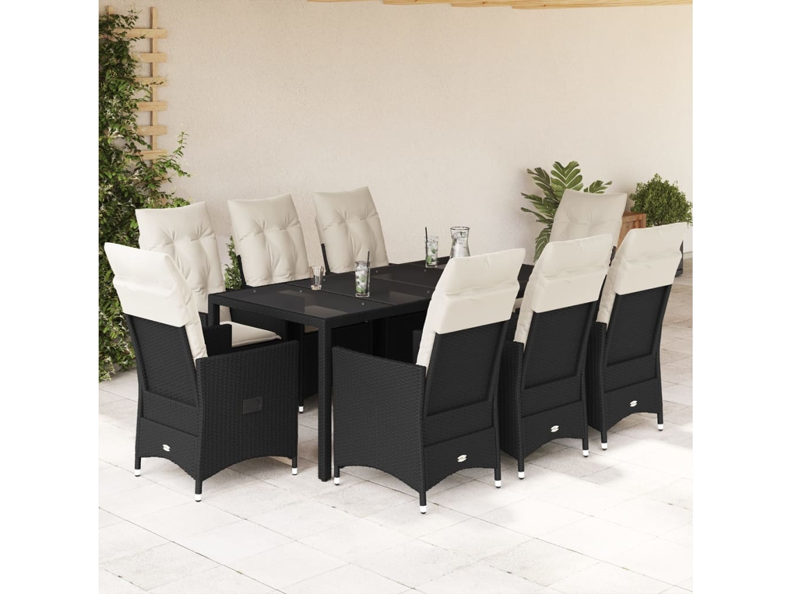 Juego de comedor de jardín de 9 piezas con cojines, mimbre sintético negro, DKD Home Decor