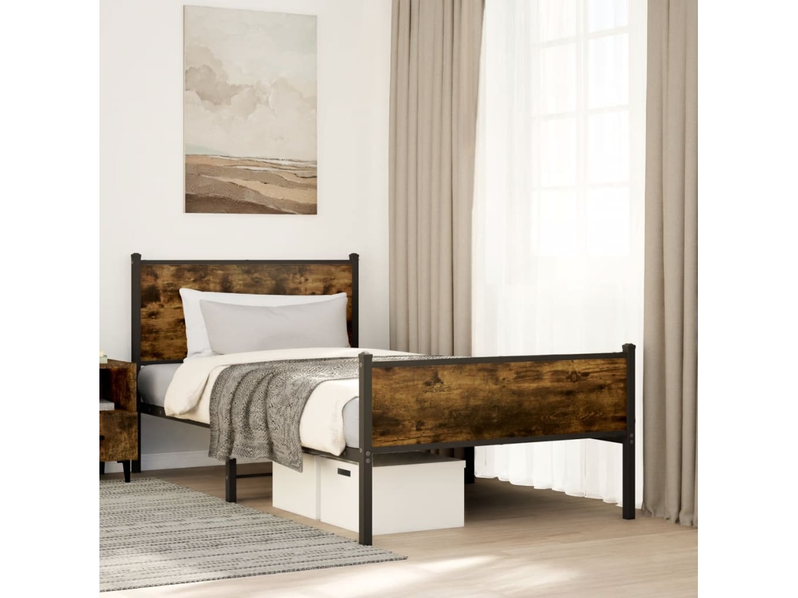 Estructura De Cama Sin Colchón Metal Roble Ahumado 100x190 Cm