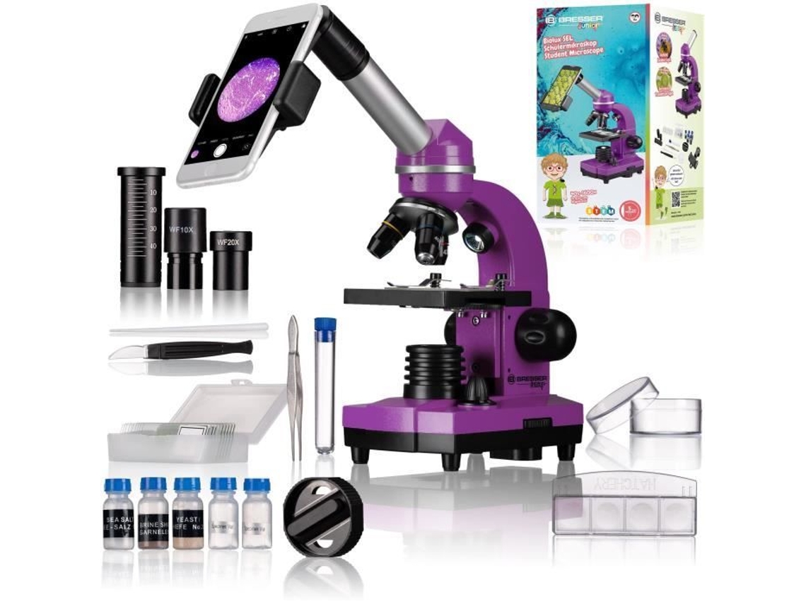 Microscopio para estudiantes Biolux Sel Bresser Junior, aumento 40x, 1600x, kit de experimentación morado