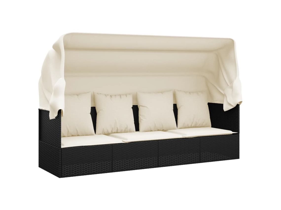 Sofá de exterior con toldo y cojines, mimbre, patas negras, EXCLUSIVO DE LA CASA