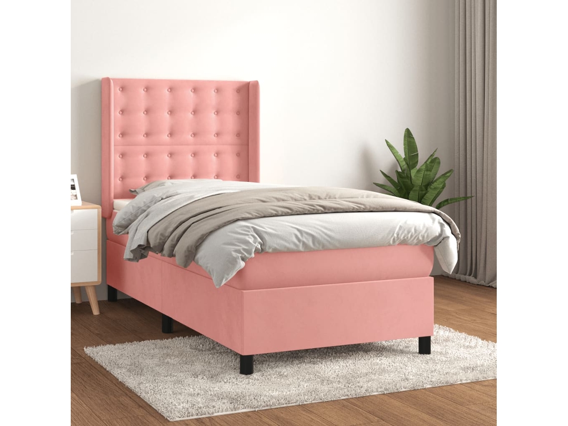 Cama Box Spring Con Colchón Terciopelo Rosa 90x200 Cm