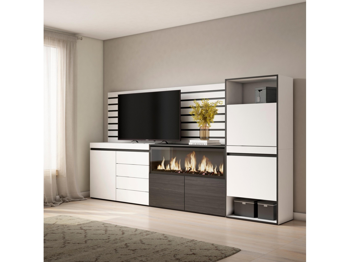 Aparador, 274x145x35 cm, Dormitorio, habitación, Chimenea eléctrica XXL, Cómoda, Cajonera, Zapatero, Blanco SKRAUT HOME