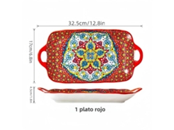 (1 Rojo) Plato rectangular de cerámica estilo bohemio con forma de pez, 32,5 cm (12,8 pulgadas), apto para calentar.