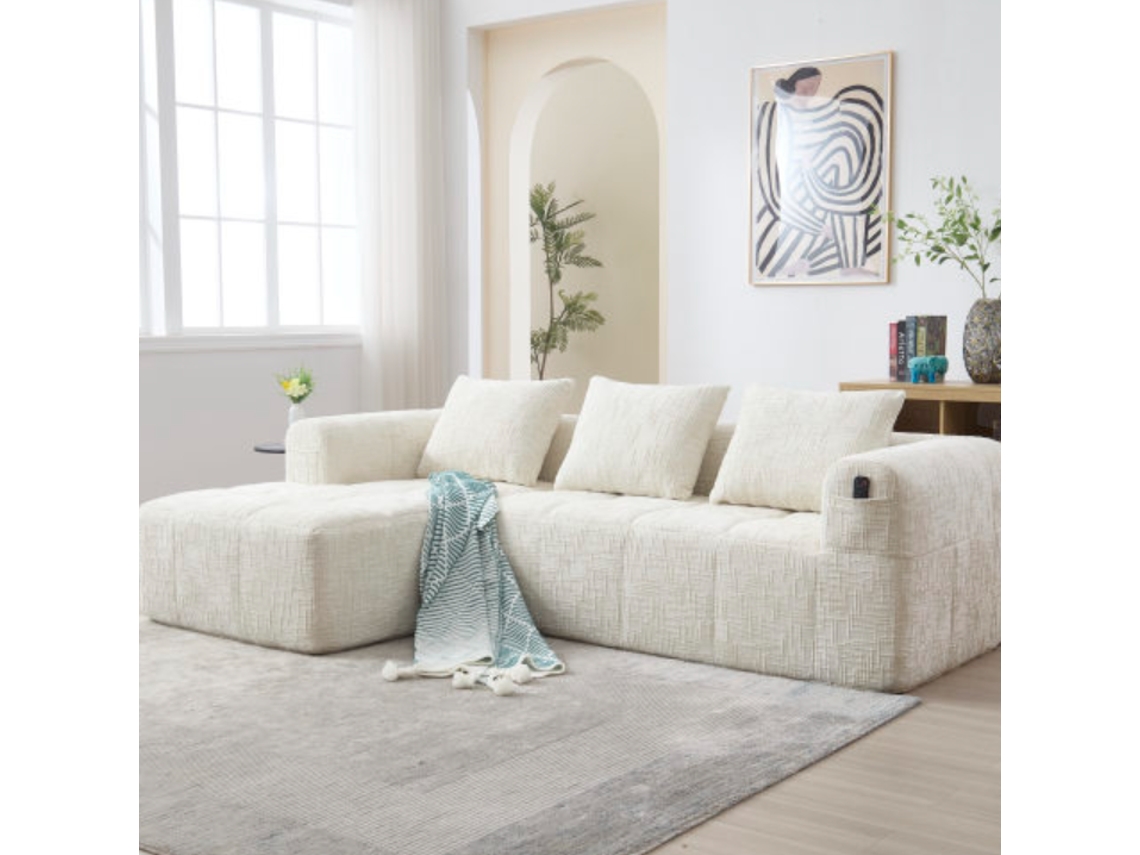 Sofá Modular 3 Plazas - L-sofa Con Chaiselongue, Cojines Y Bolsillo Lateral - Beige