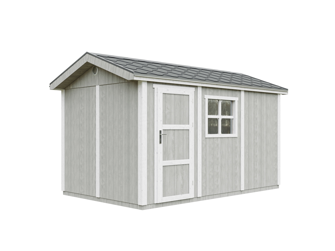 Caseta de jardín de primera calidad de 8,68 m² (alto x ancho x alto): 252 x 250 x 412 cm, con suelo y baldosas bituminosas Timbela M914, color gris tundra.
