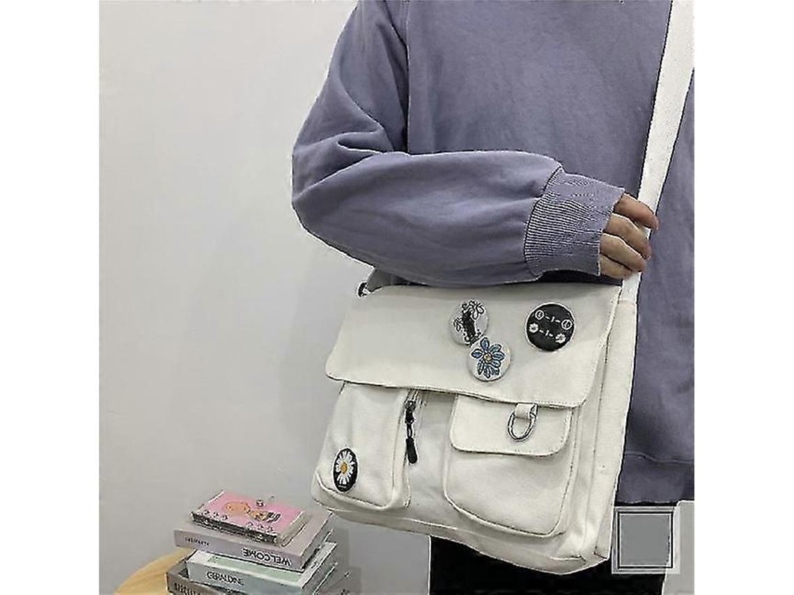 Bolso bandolera de lona para mujer, estilo joven, informal, de gran capacidad, color blanco liso, con insignia de Lalamoli