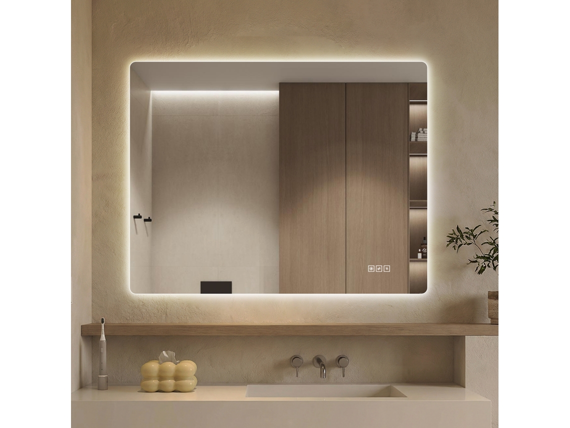 Espejo LED de 7x9 cm, sin marco, retroiluminado, ajustable táctilmente, 3 colores de luz, antivaho, HD, sin cobre, vertical/horizontal, plateado