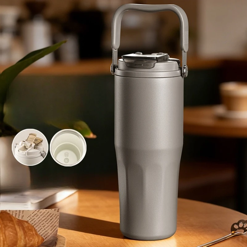 (gris, 800 Ml) Taza Térmica Con Revestimiento Cerámico, Pajita, Gran Capacidad, A Prueba De Fugas, Asa Desmontable E Infusor De Té.