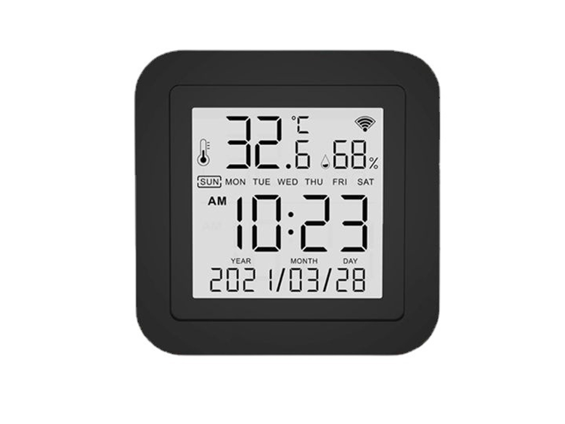 Termómetro e higrómetro inteligente con control remoto Wi-Fi para monitorización de temperatura y humedad.