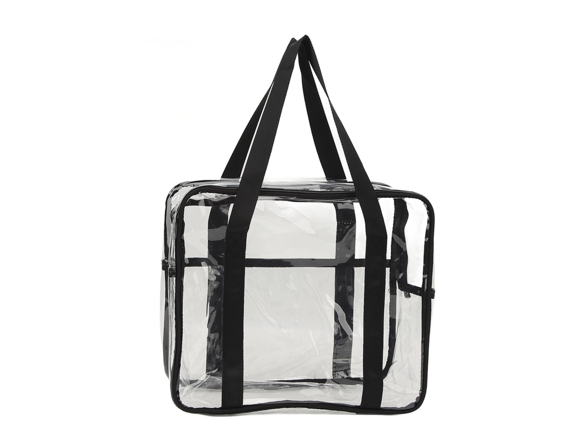 Bolso grande transparente de PVC con correa negra ajustable.