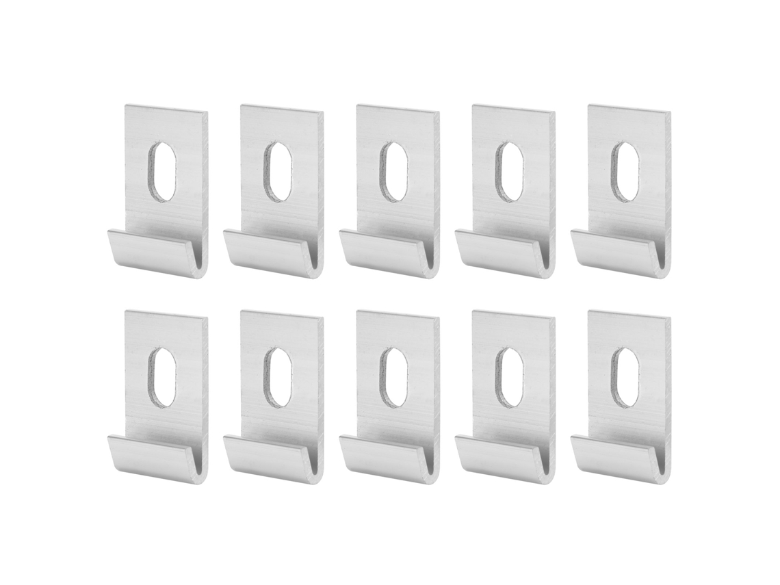 Juego de 10 fijaciones de aluminio para invernaderos con ganchos.
