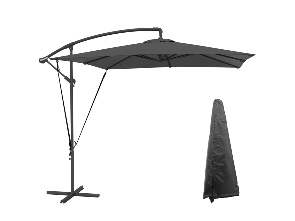 Sombrilla de 247 x 247 cm con base en cruz, manivela, funda protectora, rotación de 360°, color gris oscuro.