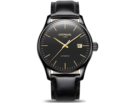 VEANXIN Reloj automático resistente al agua con fecha de acero inoxidable para hombre-Banda de cuero negro