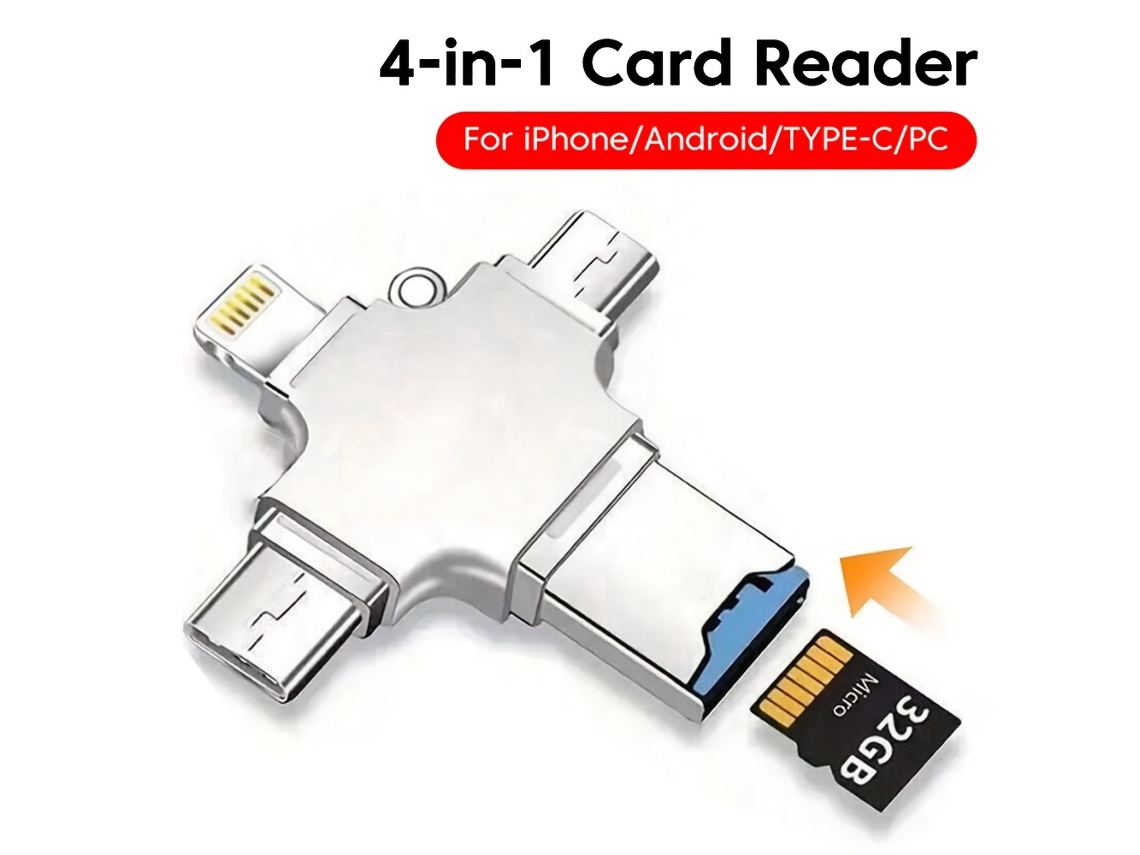 Especificaciones del adaptador lector de tarjetas 4 en 1 Tipo-C/USB/Lightning/Android a lector de tarjetas TF