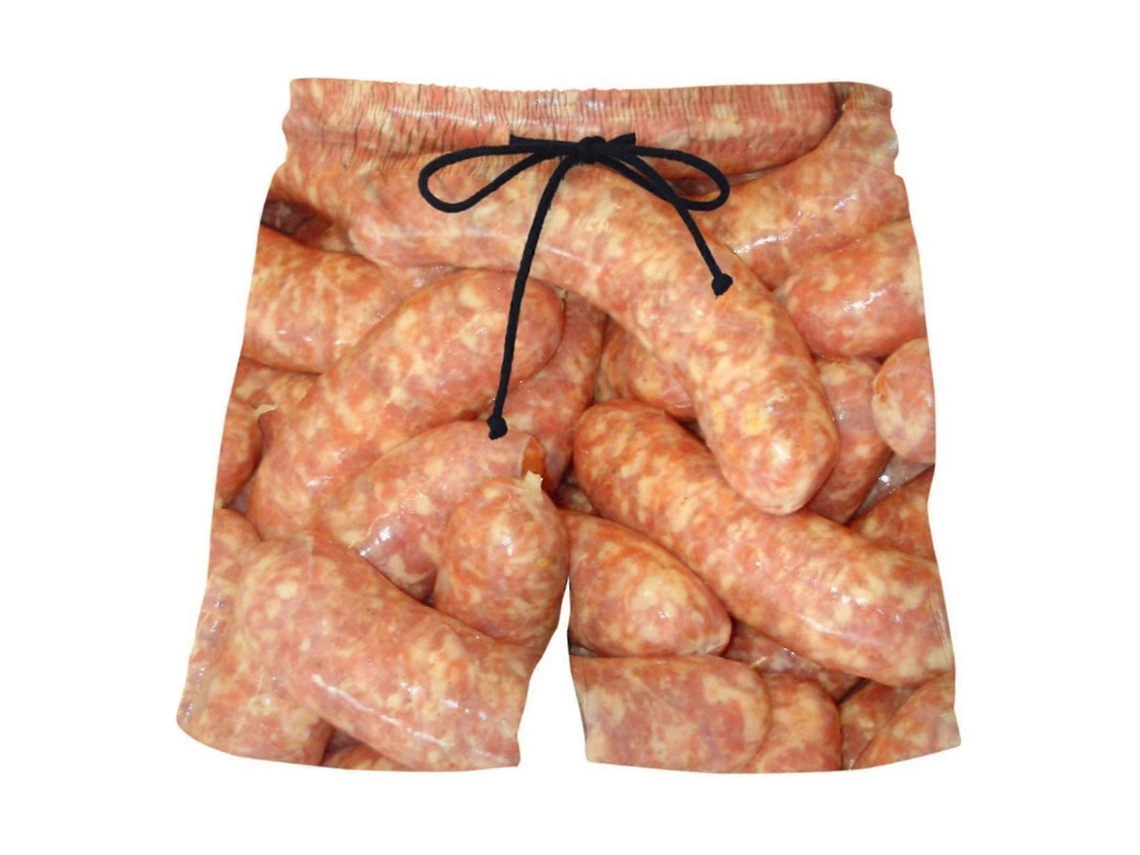 Pantalones cortos para hombre con estampado de salchichas, perneras anchas, cintura elástica y cordón ajustable.
