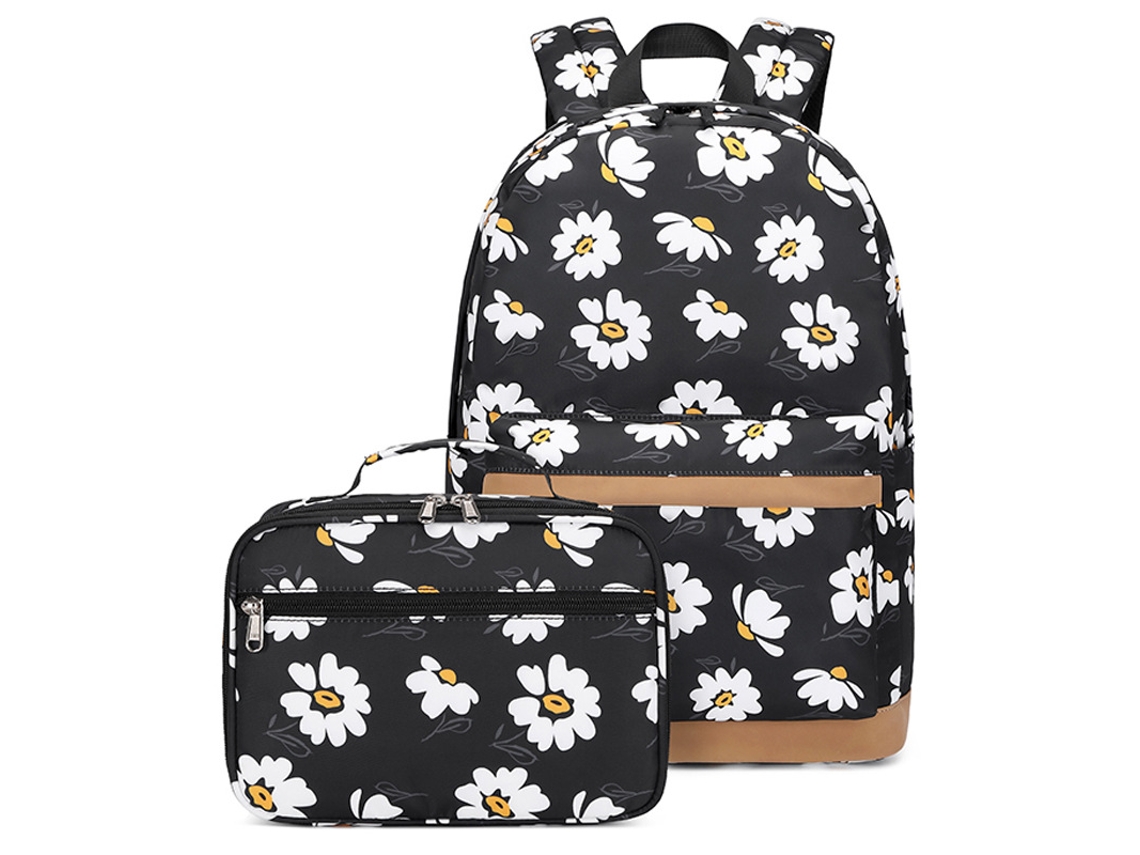 Mochila daisy print saco escolar de estudante leve de 14 polegadas fêmea preto