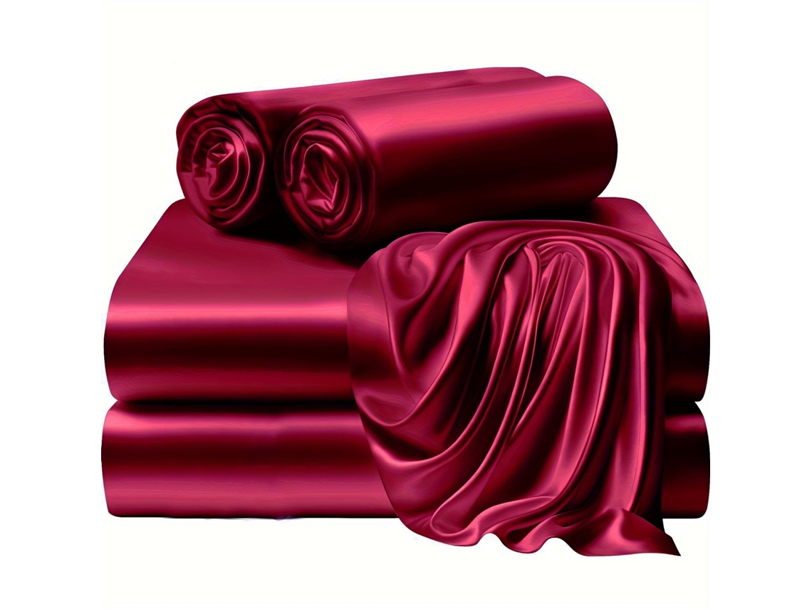 4pack Juego De Sábanas Ajustables De Satén Eifson 100% Poliéster 198x203x35cm (rojo Vino)