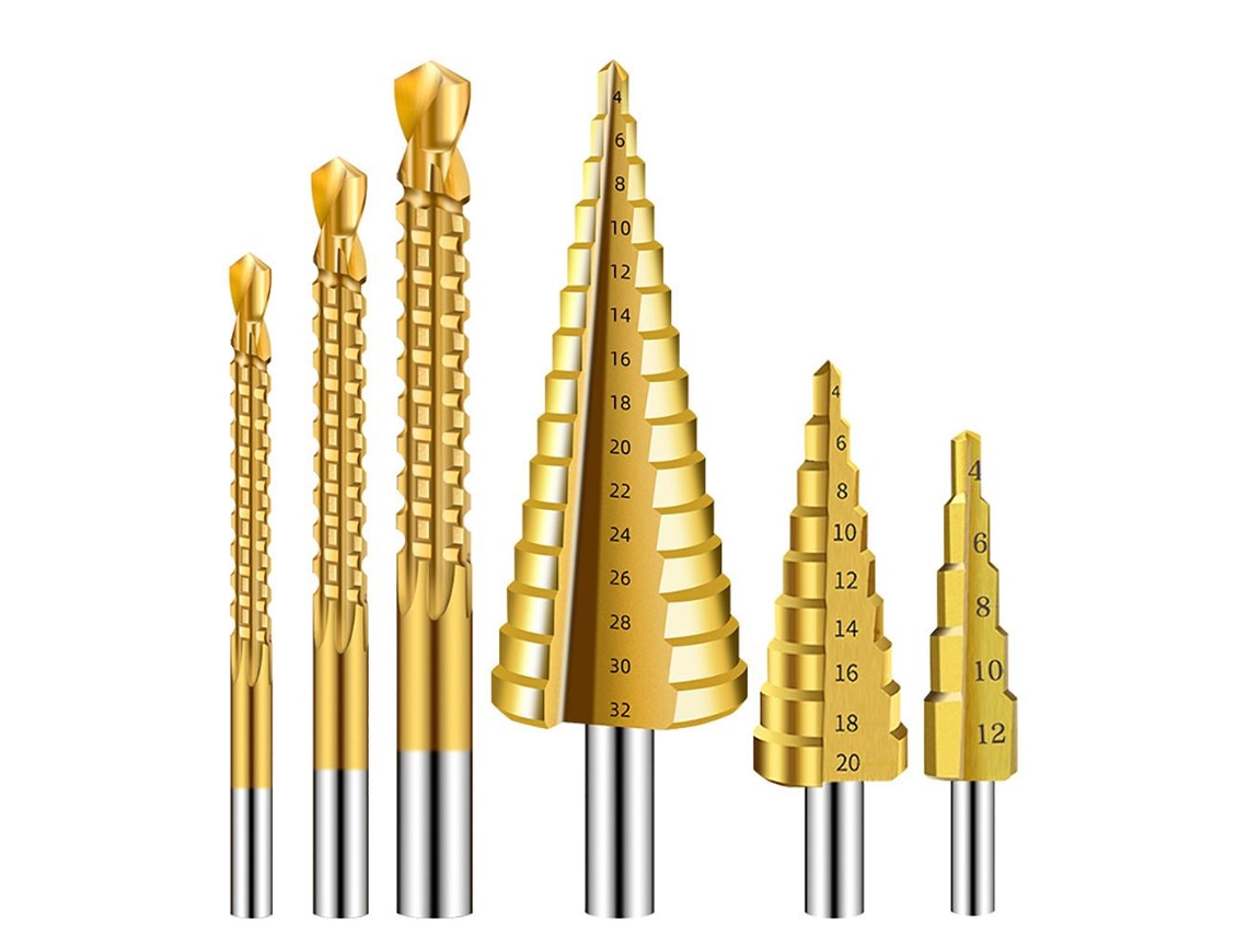 Conjunto De Brocas De Escalera De Titanio 6 Piezas Hss 4241 Com Estojo Para Perfurar Passos Múltiplos