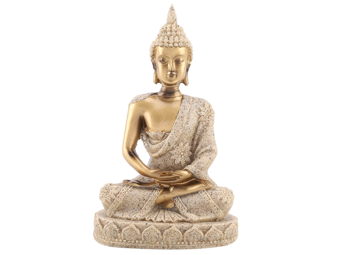 Estatua decorativa dorada de Buda sentado meditando