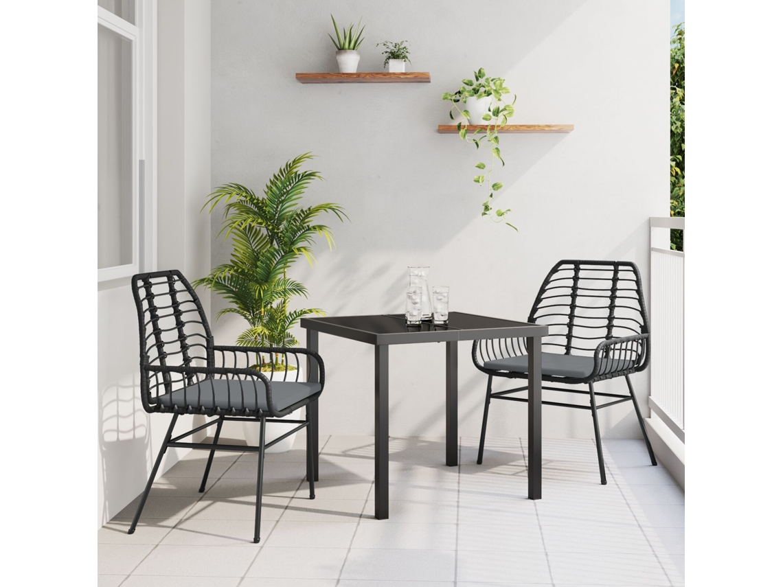 Juego de comedor de jardín de 3 piezas con cojines de ratán negro y poliéster Lovely Home