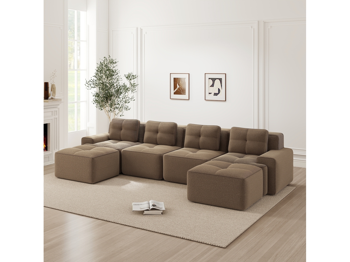 Sofá Modular En U De Pana 4 Plazas Marrón