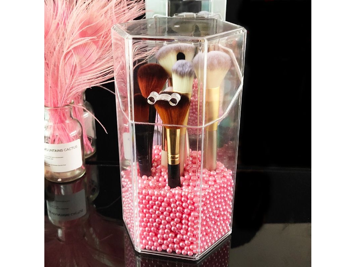 2026-porta Brochas De Maquillaje Hexagonal De Acrílico Con Tapa, Estuche Con Perlas Rosas Para Baño Y Tocador