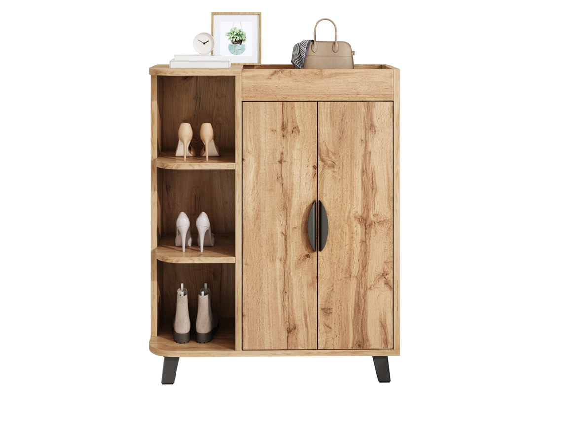 Zapatero Estrecho Con 2 Puertas Abiertas, Madera Multiusos