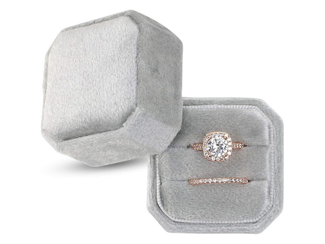 2026-caja De Anillos De Terciopelo Vintage Con 2 Ranuras Cuadrada Para Boda Photography Regalo Novia Gris