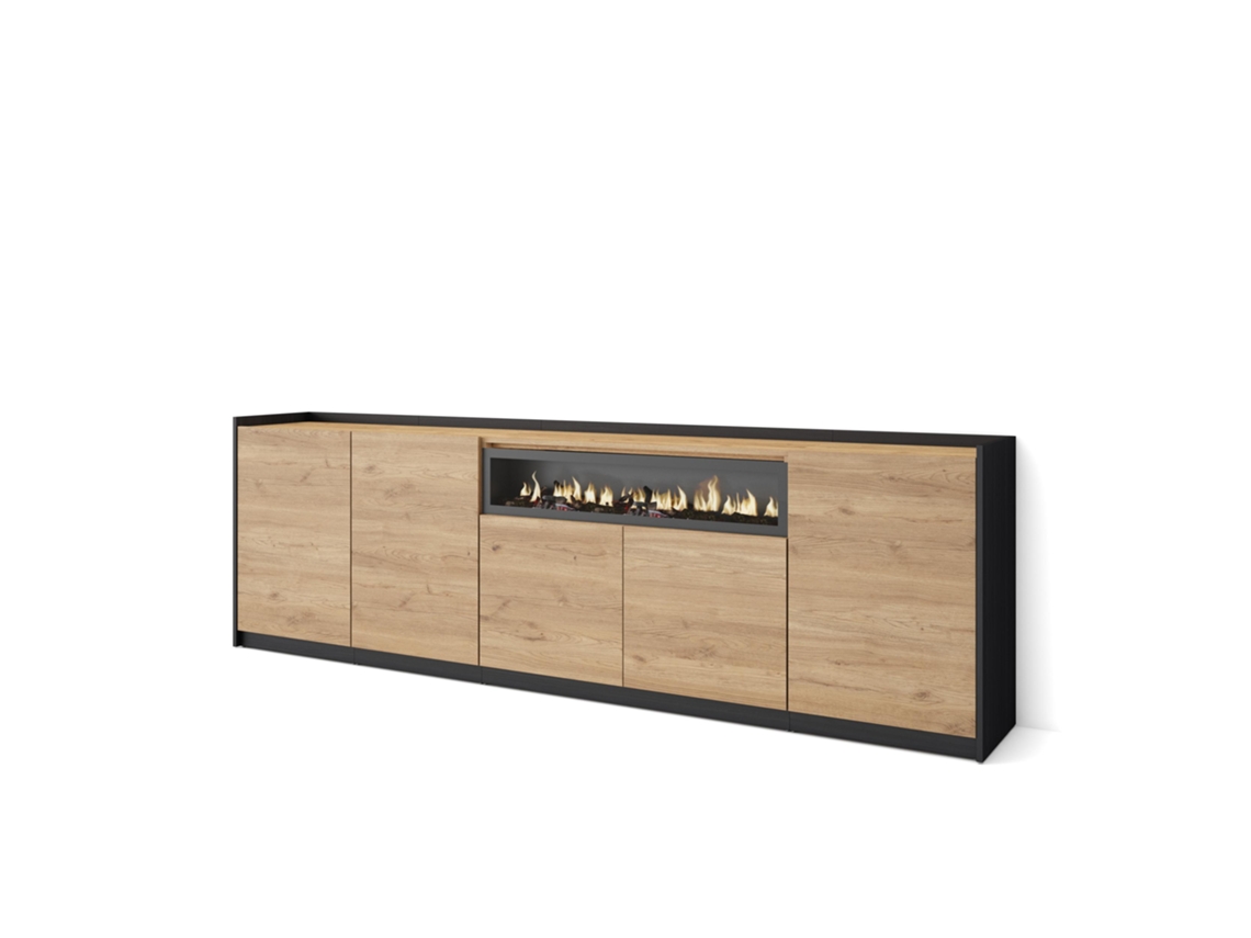 Aparador de comedor, 260x37x80cm, 5 puertas, chimenea eléctrica, roble y negro.