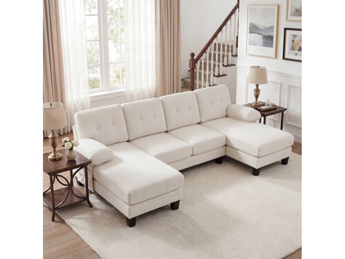 Sofá En U 4 Plazas Chenilla Con Chaise Longue Beige