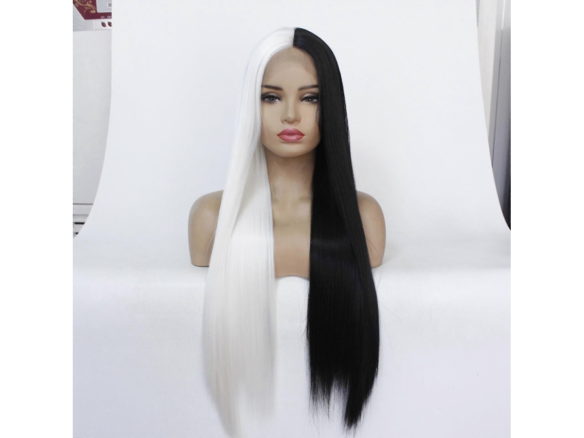 Peluca larga y lisa, mitad blanca y mitad negra, peluca femenina para cosplay. TAISHENGDA