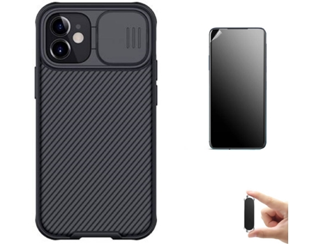 Kit Carcasa y Protector iPhone12 Ultimatte, Nillkin Camshield y Soporte Magnético Negro