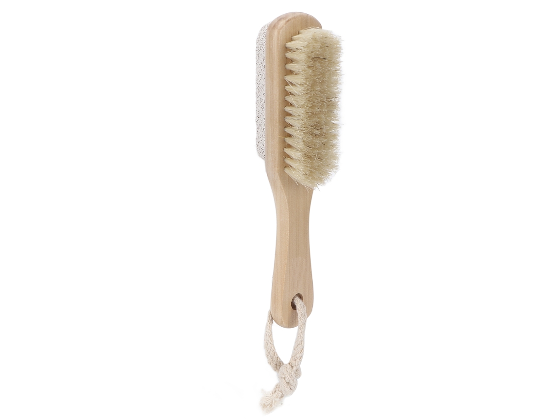 Cepillo exfoliante portátil y compacto para pies y cuerpo con piedra pómez y cerdas naturales.