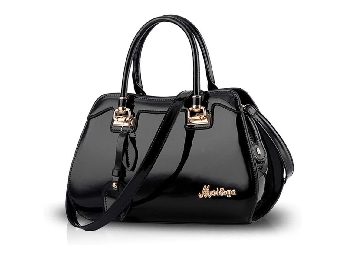 Bolso Bandolera De Mujer De Piel Sintética Negra Charol Con Asas Superiores Y Compartimentos.