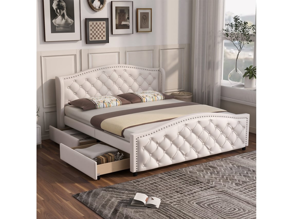 Cama Tapizada De 140x200 Mm Con Somier De Láminas, 2 Cajones Y Cabecero Remachado De Poliuretano Blanco.