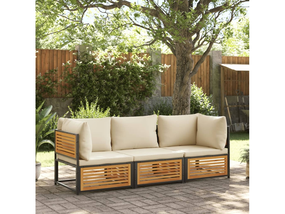 Conjunto de sofá de jardín de 3 piezas con cojines de madera maciza de acacia, Dkd Home Decor