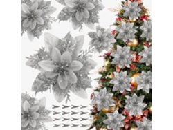 16 adornos navideños con flores artificiales de nochebuena plateadas y pinzas para árbol y corona
