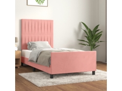 Cama con plataforma y cabecero de terciopelo rosa (90x200 cm)