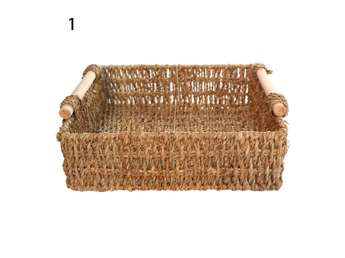 Cesta De Paja Tejida Con Asas De Madera Para Guardar Juguetes, Aperitivos Y Cosméticos Sobre La Mesa.