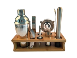Coctelera ZRUXE 10 en 1 de acero inoxidable con soporte de bambú para bar, 550 ml.