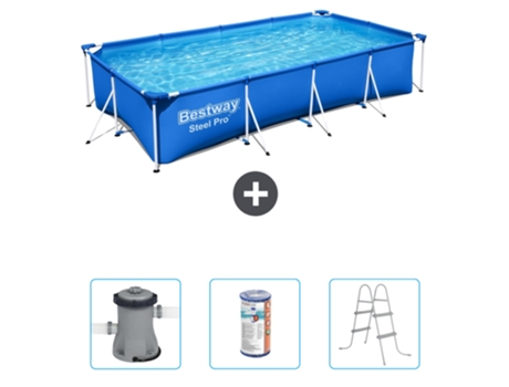 Piscina BESTWAY Rectangular Steel Pro - 400 x 211 x 81 cm - Azul - Bomba incluida Filtrar - Escalera